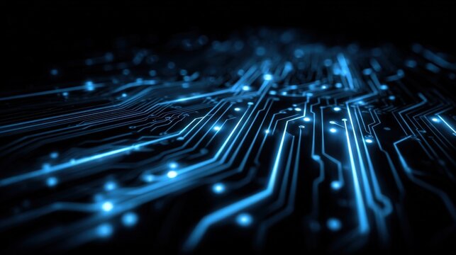 Abstract Circuit Board Design with Glowing Blue Light Trails for Technology and Innovation Concepts