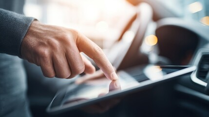 Man Using a Tablet Inside Vehicle, Connectivity, Technology Integration, Driver Interface, Modern Car Features