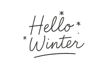 Hello winter calligraphy text with stylized snowflakes, welcoming the season with elegant cursive lettering on transparent background