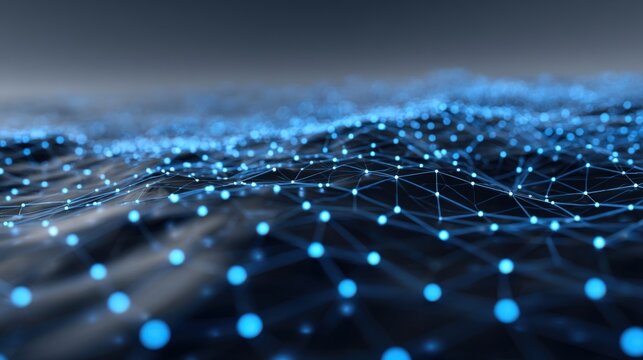 Abstract Network Mesh with Glowing Blue Nodes: Data Connection, Technology Background and Futuristic Design