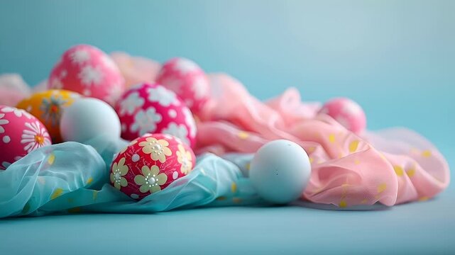 Easter bunny. colorful painted Easter eggs with floral patterns on pastel fabric background.