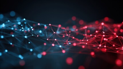 Abstract Data Network Visualization with Red and Blue Nodes Connecting on a Dark Background