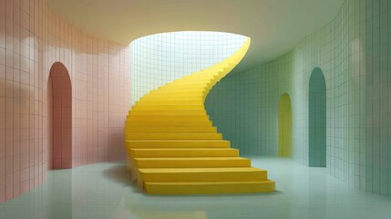 Naklejka premium Vibrant Yellow Spiral Staircase in a Modern Pastel Hallway, Architectural Design and Upward Mobility Concept