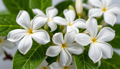 Fototapeta premium Elegant White Flowers with Green Leaves Capturing Nature's Beauty and Serenity with Delicate Petals and Vibrant Foliage Ideal for Floral Decorations and Designs