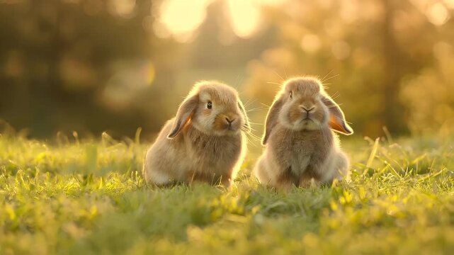 Easter bunny. A closeup of a rabbit in a grassy field during what appears to be the golden hour, with the sun casting a warm, golden hue over the scene.