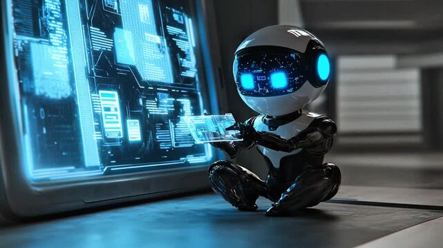 Cute futuristic robot working on digital data display and analyzing holographic information on a transparent tablet in a high-tech lab - Powered by Adobe