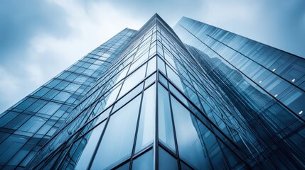Obraz premium Modern Glass Skyscraper Perspective, Reflecting Cloudy Sky, Representing Business Success and Architectural Innovation
