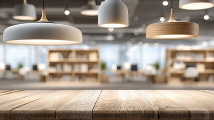 Obraz premium Modern Office Interior with Wooden Tabletop and Stylish Pendant Lights for Product Mockup