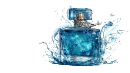 Hyper-realistic luxury blue glass perfume bottle glowing on transparent background