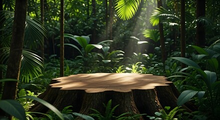 A tree stump platform in a lush green forest with sunlight shining through leaves