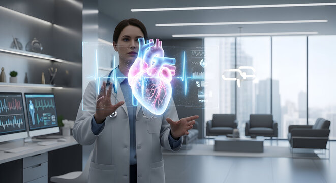 Female Doctor Analyzing Holographic Human Heart in Modern Medical Office. Advanced Cardiology Technology and Digital Health Diagnostics.