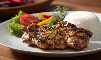 Design Grilled & Steak Menu of Garlic Pepper Chicken Thigh (no skin) White pepper, garlic, soy in a professional food photography