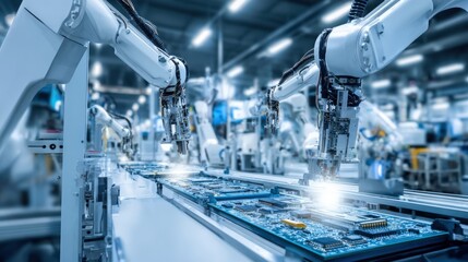Automated Manufacturing: Robotic Arms Assembling Circuit Boards in a Modern Factory Setting for Technological Advancement