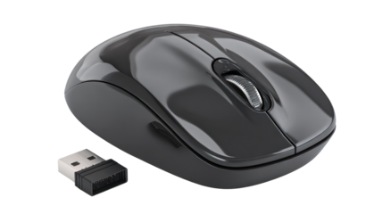 Black wireless computer mouse with usb receiver isolated on transparent background