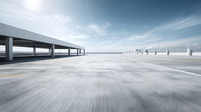 Expansive rooftop parking lot with clear sky offering versatile urban commercial space and backdrop