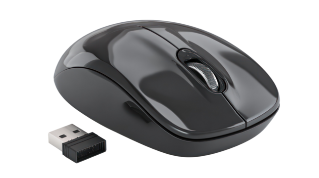 Black wireless computer mouse with usb receiver isolated on transparent background