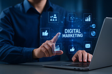 Businessman using futuristic digital marketing strategy interface with holographic social media analytics and virtual advertising data