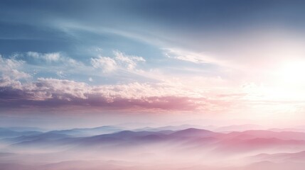 Fototapeta premium Serene Mountain Landscape at Sunrise with Soft Clouds and Pink Hues, Evoking Peace and Tranquility