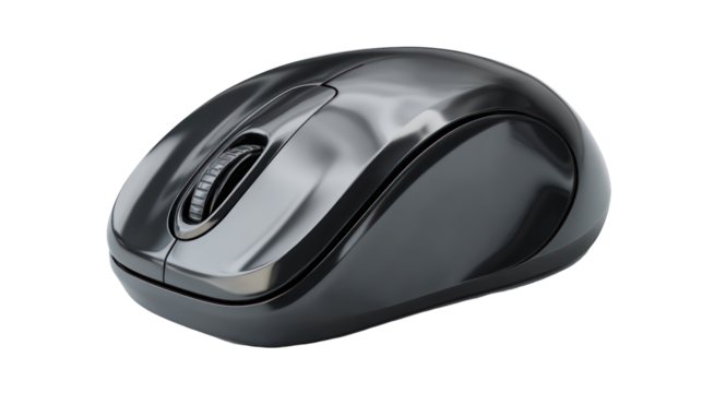 Shiny black computer mouse isolated on transparent background