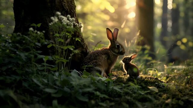 A closeup shot of a rabbit in a forest setting during what appears to be the golden hour, with sunlight filtering through the trees. The rabbit is positioned in the foreground.