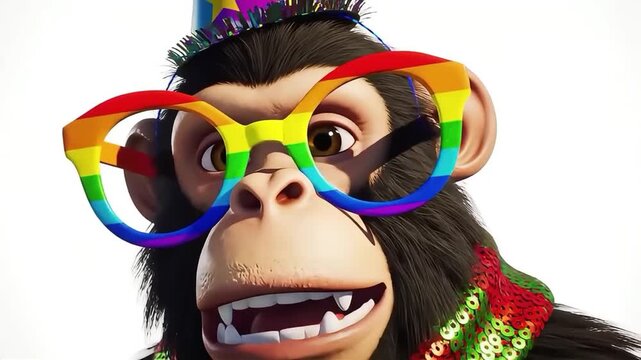 Animated Monkey Celebrates with Rainbow Glasses and Party Hat on White Background