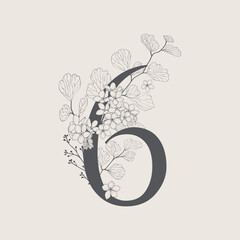 bicycle symbol vector Displays the number "6" integrated with floral elements. Full-frame composition, beige-gray tone. Artistic style