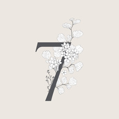 bicycle symbol vector Displays the number "7" integrated with floral elements. Full-frame composition, beige-gray tone. Artistic style