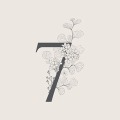 bicycle symbol vector Displays the number "7" integrated with floral elements. Full-frame composition, beige-gray tone. Artistic style