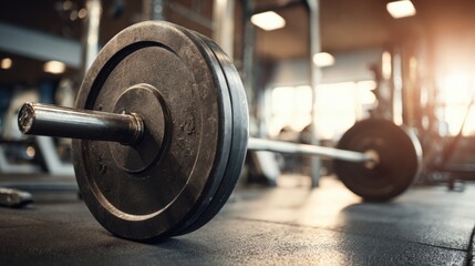 Barbell with weights in a gym setting, close up shot showcasing fitness equipment for strength training