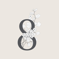 bicycle symbol vector Displays the number "8" integrated with floral elements. Full-frame composition, beige-gray tone. Artistic style