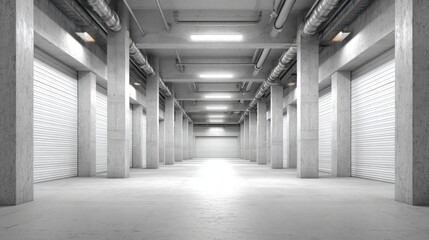 Obraz premium Spacious Concrete Warehouse Interior with Multiple Storage Units and Bright Lighting for Commercial or Industrial Use