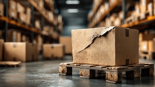 Damaged Package on Pallet in Warehouse: Shipping, Handling, and Logistics Concerns
