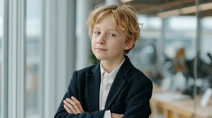 Young Executive with Confidence: A young boy, dressed in a formal suit, exudes confidence and poise, reflecting the potential of future leadership and the aspirations of youth.