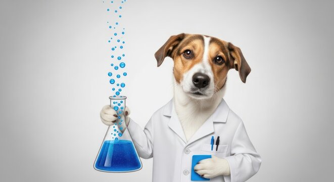 Dog in a lab coat with a flask, portraying a scientist, making an experiment