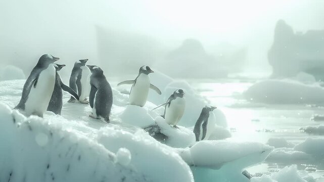 A closeup of penguins on a snowy surface with icebergs in the background. The penguins are depicted in various poses, with one penguin in the foreground and another slightly behind it.
