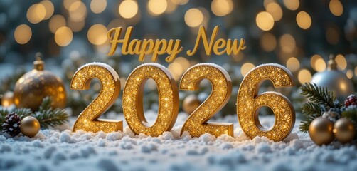 Glittering gold 2026 numbers in a snowy setting with "Happy New" text and blurred golden bokeh lights for New Year celebration.