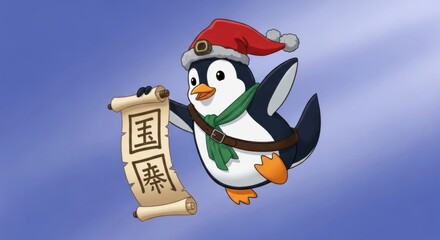 Festive penguin cartoon character in a Santa hat holding a scroll with Chinese text floating in