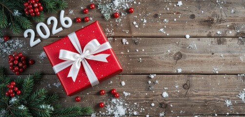 Red gift box with white ribbon and 2026 numbers on a rustic wooden background decorated with snow, pine branches, and berries for New Year greeting cards.