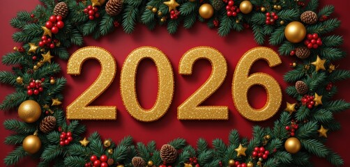 Sparkling gold 2026 numbers surrounded by a pine wreath, red holly berries, and ornaments on a red background for Christmas and New Year festivals.