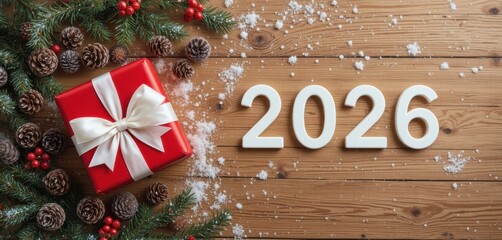 Wooden pine background decorated with a red gift box, white ribbon, and white 2026 numbers for Christmas or New Year festival greeting cards.