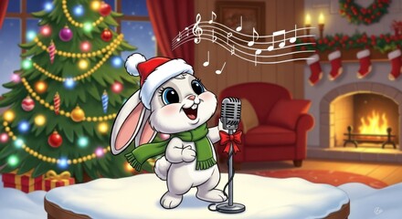 Festive rabbit sings christmas carols in a cozy holiday home atmosphere full of joy