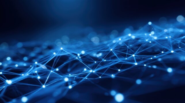 Abstract Network Connections Forming a Mesh with Glowing Nodes on a Blue Gradient Background