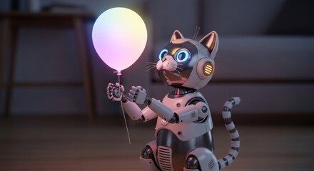 Futuristic robotic cat holding a glowing balloon embodies artificial intelligence