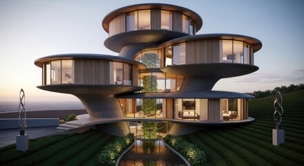 Futuristic layered house with rounded architecture situated in a serene landscape