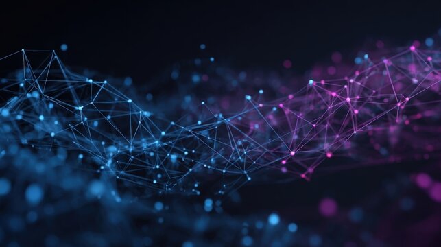 Abstract Network Connection Structure with Blue and Purple Nodes, Representing Data Flow and Connectivity