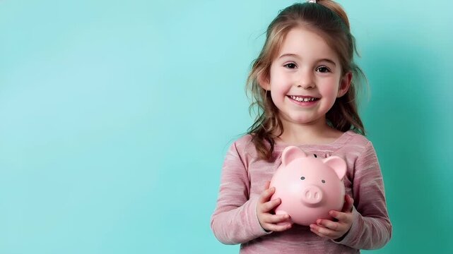 Money saving deposit financial planning concept. A young girl holding a pink piggy bank against a turquoise background.