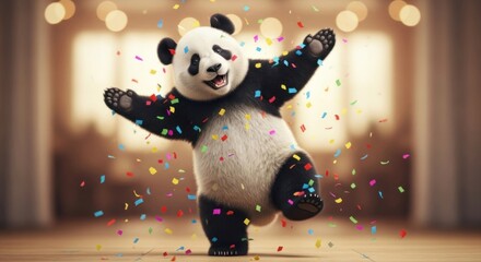 Joyful panda bear celebrating with confetti against a bokeh background party time