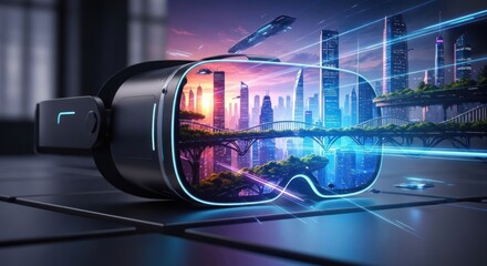Immersive Virtual Reality Experience Showcasing a Futuristic Cityscape Through VR Headset
