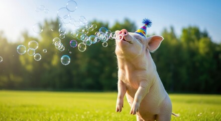 Joyful piglet celebrating with bubbles in a sun-drenched meadow creating cheerful atmosphere and
