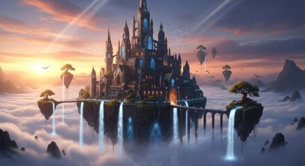 Majestic castle nestled among clouds at sunrise provides a fantasy landscape